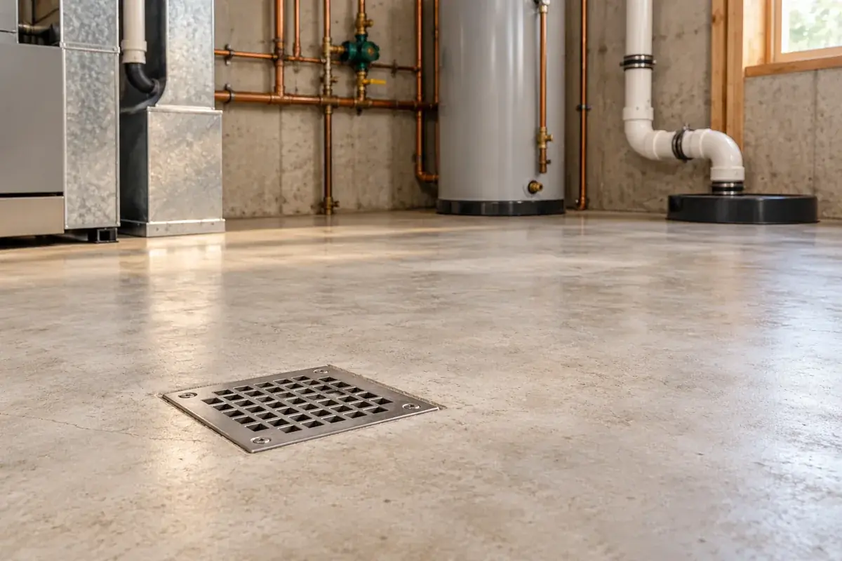 Clean basement floor drain in residential utility room