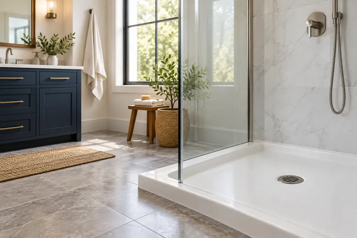 Modern bathroom shower and sink drain in Elgin residence