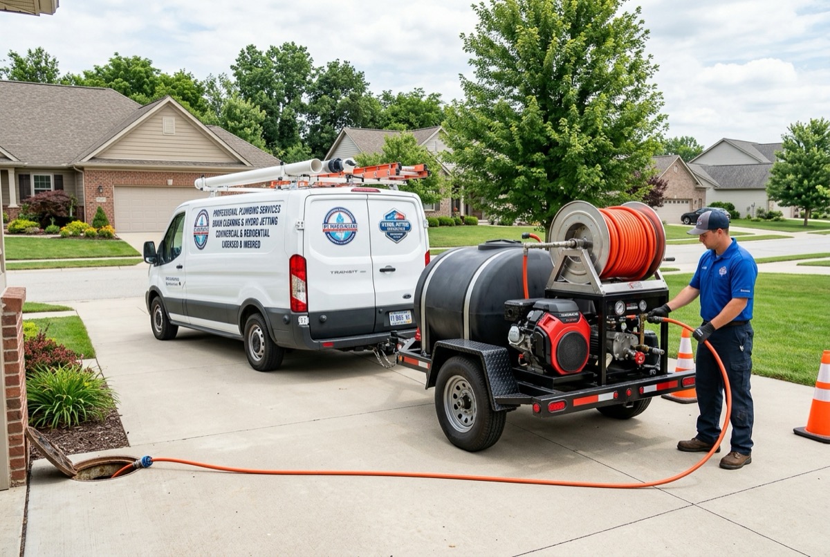 Commercial drain cleaning equipment and service vehicle in residential Elgin driveway