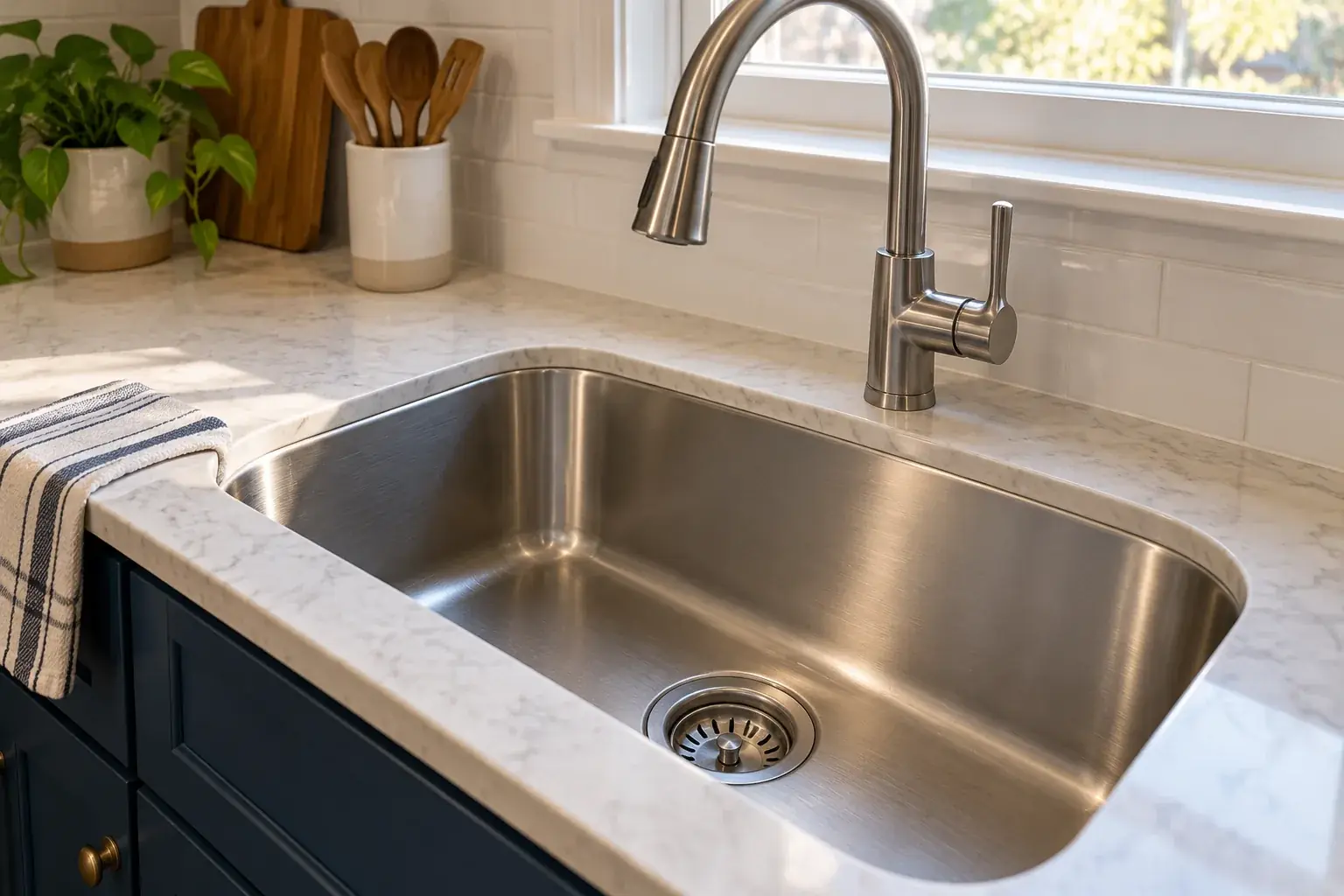 Stainless kitchen sink with brushed faucet and clean drainage in Elgin home