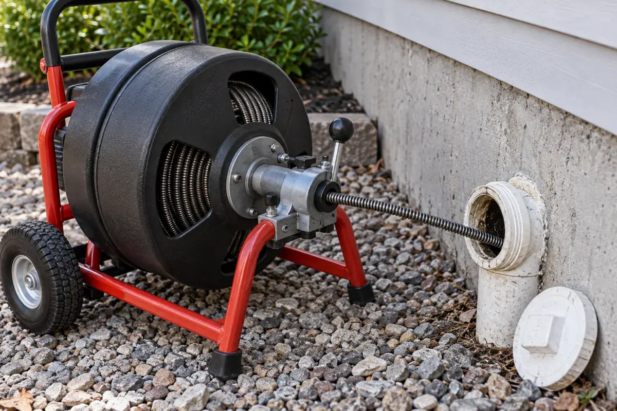 Motorized sewer snake cable entering cleanout pipe