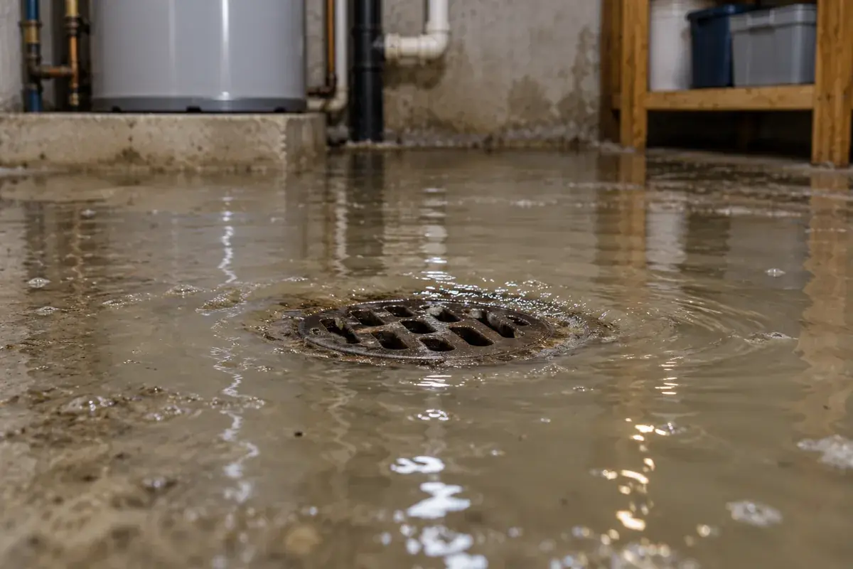 Backed up wastewater around a residential utility floor drain in Elgin basement